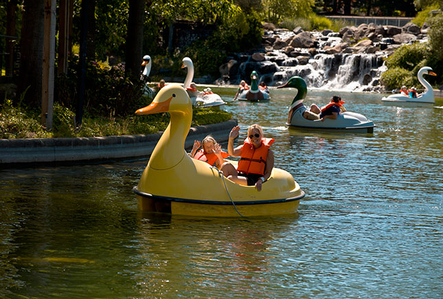 People on duck Paddle Boats at Gilroy Gardens