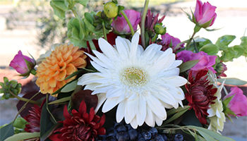 Basket filled with white, orange, red and pink flowers
