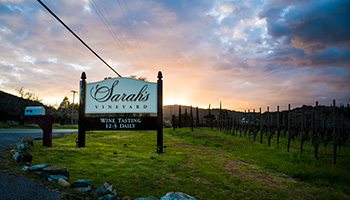 Sarah's Vineyard sign near a mailbox with a sunset in the background