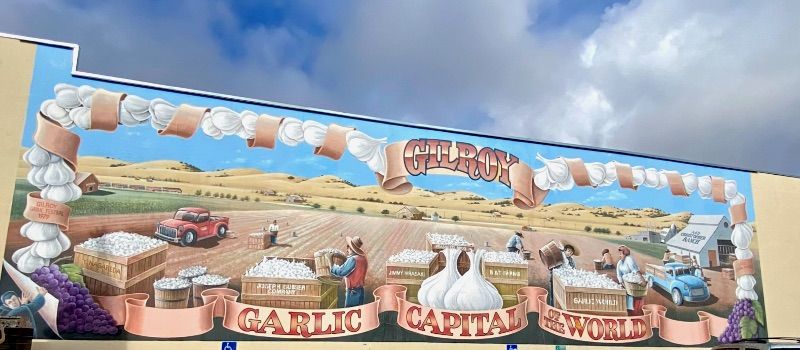 Gilroy Garlic Mural with pictures of garlic being farmed by workers in a field and crates of garlic