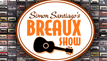 Graphic with a black guitar inside of a white oval that says "Simon Santiago's Breaux Show"