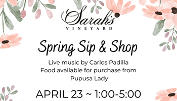 Spring Sip and Shop event information with pink flowers on the background