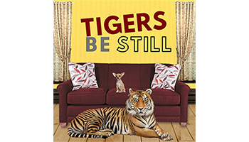 Tiger laying on a wooden floor near a red couch with a chihuahua on it