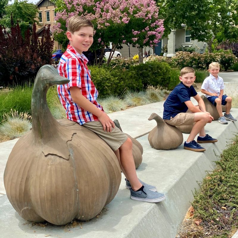 Three young brothers sitting on garlic bulb statues