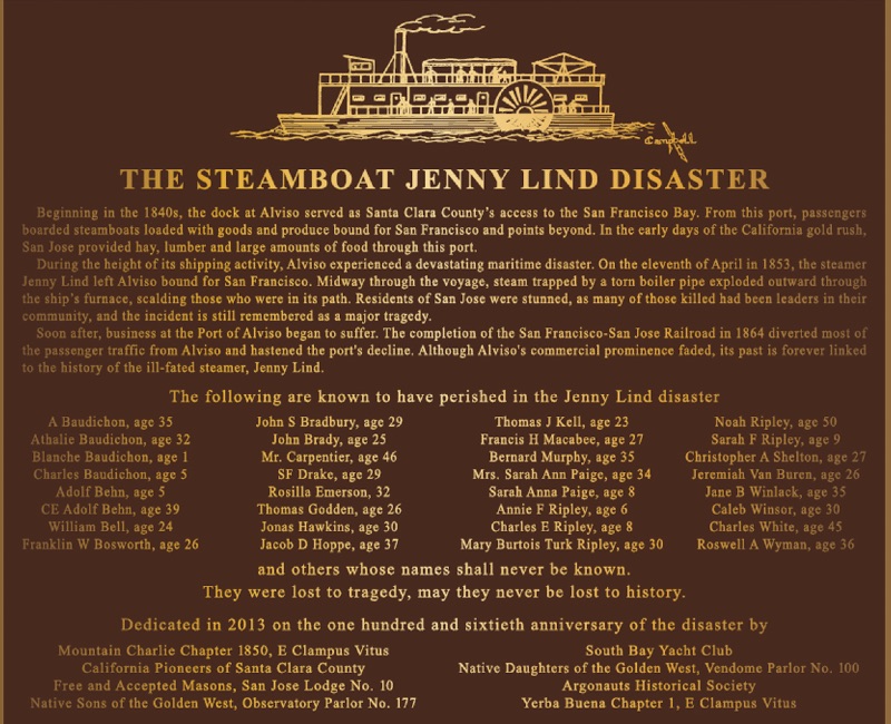 a plaque with the list of those who died on the steamboat Jenny Lind