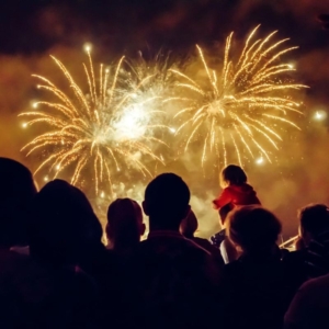 a night sky with a crowd of onlookers watching an explosion of bright white fireworks