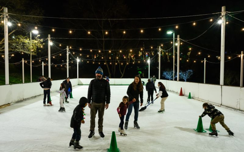 families ice skating a night on an outdoor ice rink with white lights strung across overhead