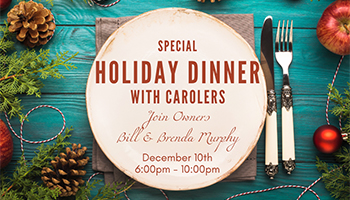 Holiday Dinner graphic with a white dinner plate in the middle with pine cones near it