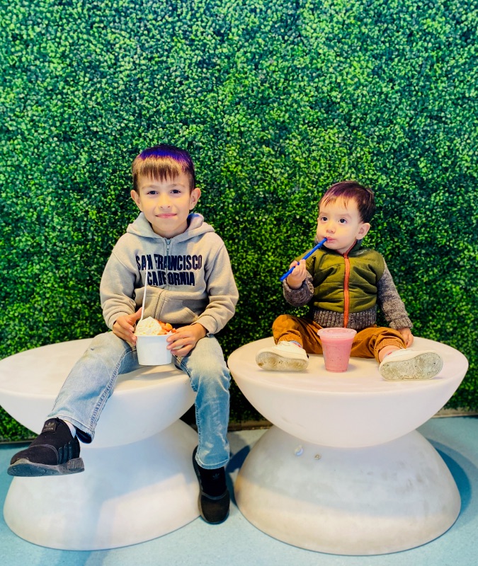 two boys sitting on white seats with a green leafy background with ice cream and a smoothie