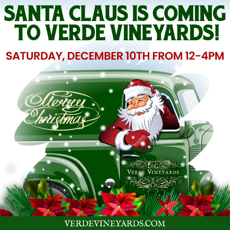 a graphic with a picture of Santa in a green truck with the name Verde Vineyards on it