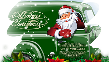 Cartoon Santa Claus in his red suit and hat waving and smiling inside of a green truck