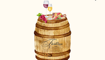 Graphic of a a glass of red wine, white wine, red grapes and a charcuterie board on a barrel.