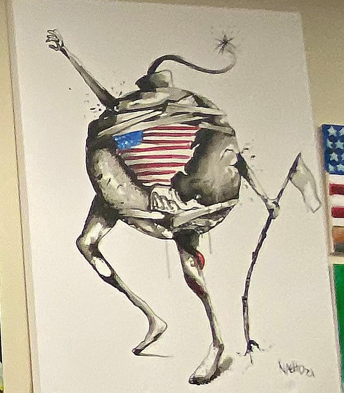 a painting of a cracked bomb with an American flag in the middle and with arms and legs