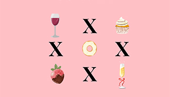 Graphic with a glass of red wine, vanilla cupcake, frosted donut, chocolate strawberry and champagne.