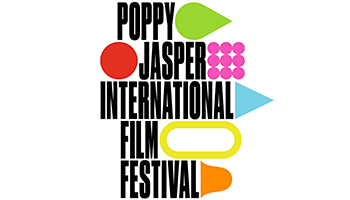 Poppy Jasper International Film Festival with red circle, light blue triangle, pink circles, and green rain drop.