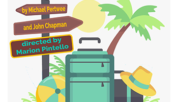 Graphic of a palm tree, yellow and green beach ball, beach hat, and green suitcase.