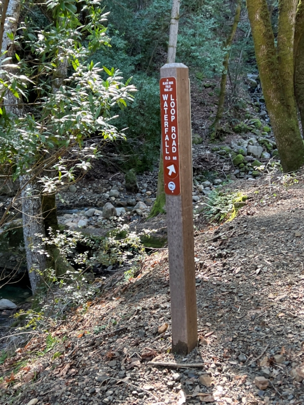 a wooden sign marker for a trail with trees and a creek in the background