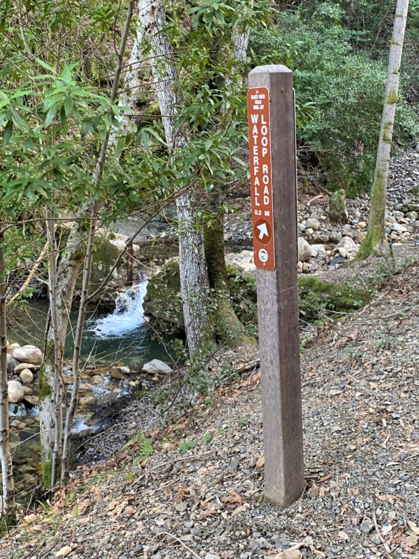 a sign for a trail with a creek and small waterfall in the background