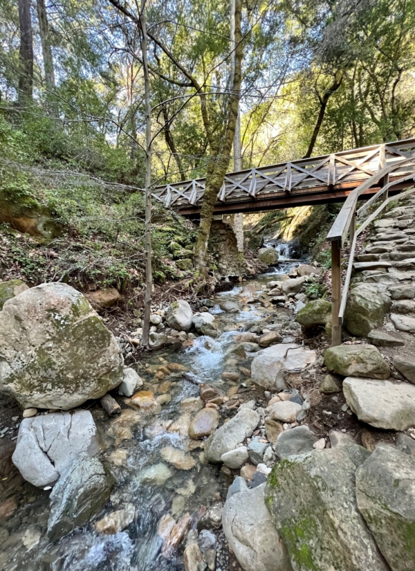 a wooden bridge over a creek with rocks and stone steps to the right of it