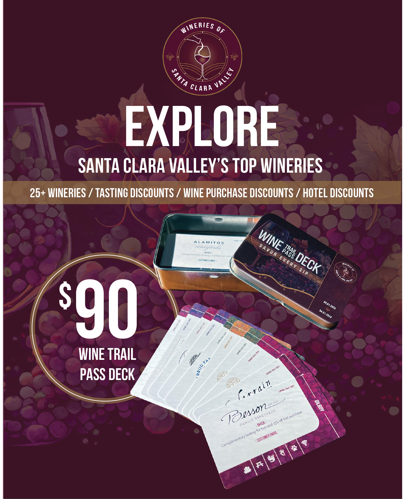 a graphic for a wine trail pass deck of discount and coupon cards