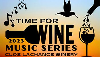 Time for Wine graphic with a bird, musical notes, and a glass of wine