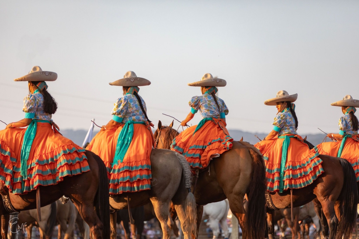 a group of women in traditional Mexican costumes or orange and green sit on horses in a row