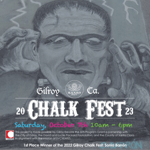 Chalk Fest 2023 Poster, featuring the winning artwork of Frankenstein's monster.