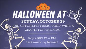 Two skeletons dancing and three jack-o-lanterns at the top of the flyer