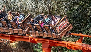 People smiling and having fun on the Quicksilver Express roller coaster at Gilroy Gardens