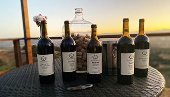 Five bottles of red wine on a dark brown table. There is a sunset in the background