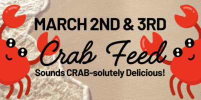 March 2nd and 3rd Crab Feed poster, with 2 cartoon crabs on a beach