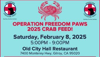 Graphic flier for Operation Freedom Paws 2025 Crab Feed! Saturday February 8th, 2025, 5 pm - 9 pm.