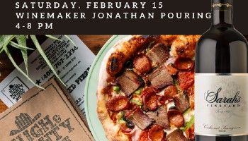 A delicious pizza from High and Mighty Pizza Joint and a bottle of Sarah's Vineyard wine next to a pizza box and menu. Saturday, February 15, winemaker Jonathan pouring from 4-8 PM at Hight and Mighty Pizza Joint 7661 Monterey St, Gilroy